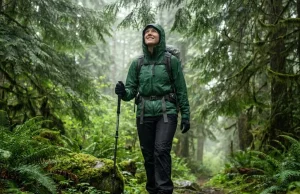 Stop Canceling Hikes Because of Rain Woman hiking in rain on mossy Pacific Northwest forest trail wearing Outdoor Research rain jacket and trekking poles