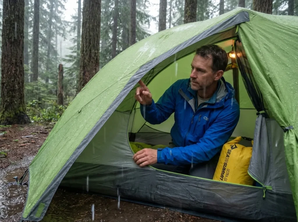 Hiker checking tent rainfly seams for leaks during heavy forest downpour