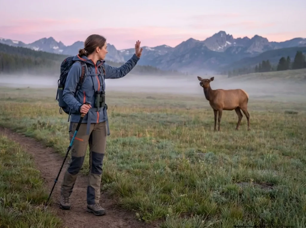 Solo female hiker stopping on alpine trail reading stress signals from cow elk at dawn