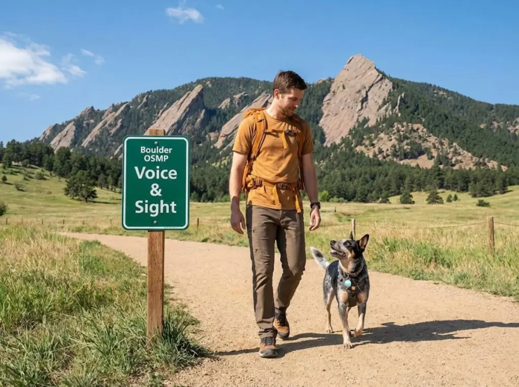 Hiker with off-leash dog passing Boulder Voice and Sight green trail marker near Flatirons