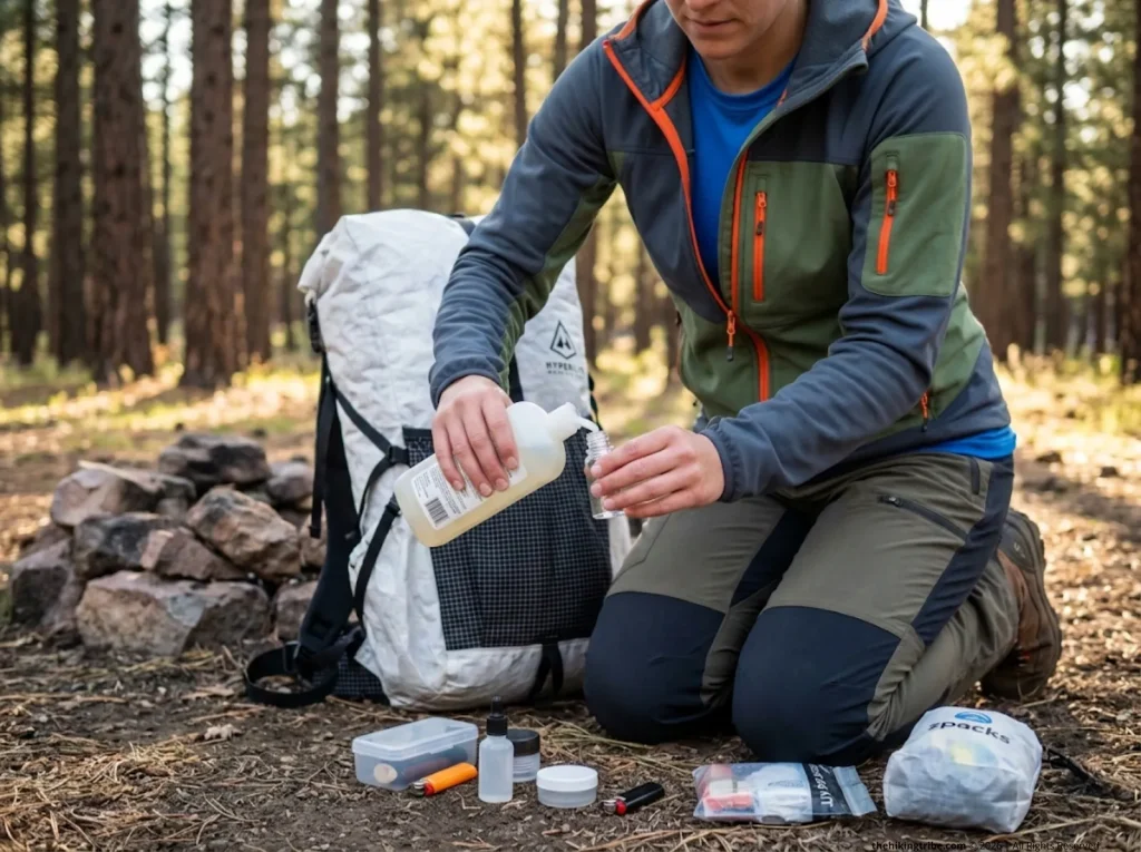 Hiker repackaging toiletries into ultralight dropper bottles to reduce base weight at backcountry camp 