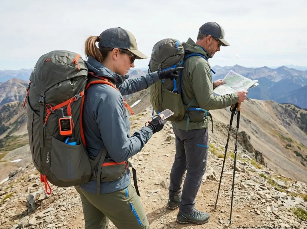 Two hikers using ridge handrail and compass for simplified single-bearing position fix
