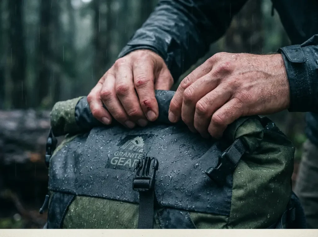 Hands rolling a backpack roll-top three full folds in the rain before clipping it shut
