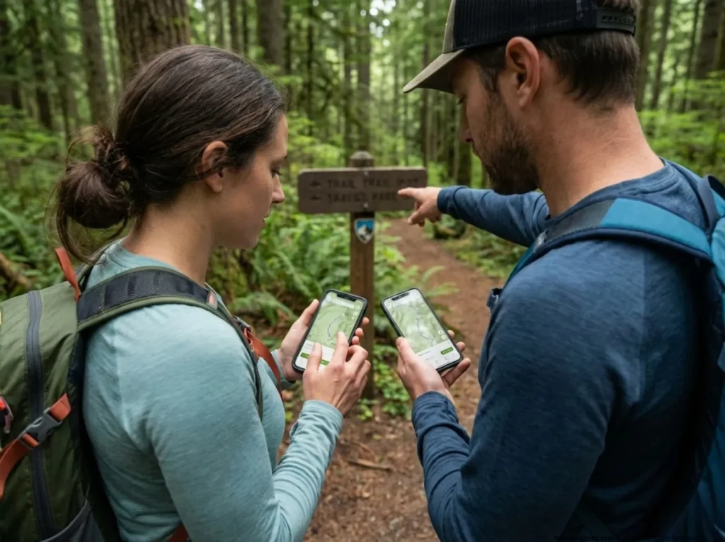 Two hikers comparing AllTrails and Komoot route-sharing apps at a mountain trail junction