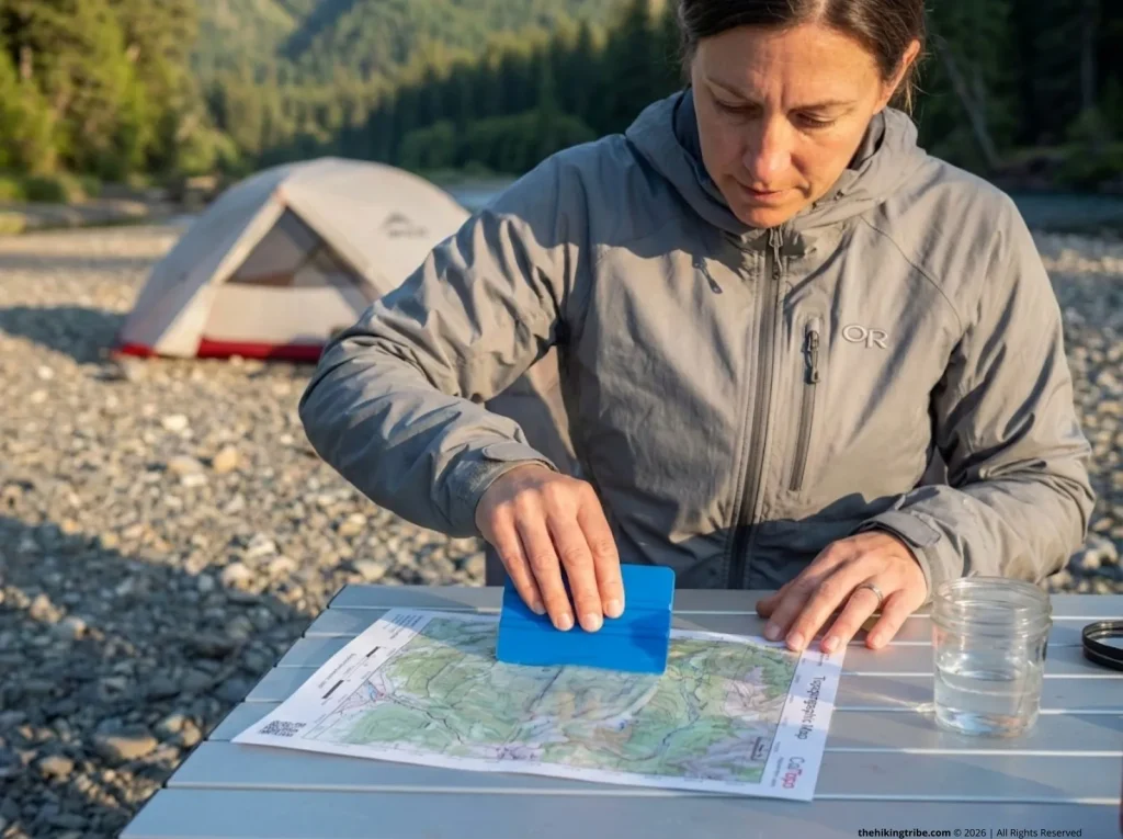 Hiker applying diluted RTV silicone to paper map with squeegee at backcountry camp