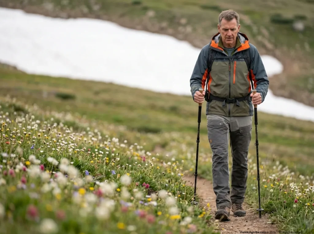 Experienced hiker using Leki trekking poles with rubber tips across alpine meadow protecting fragile tundra