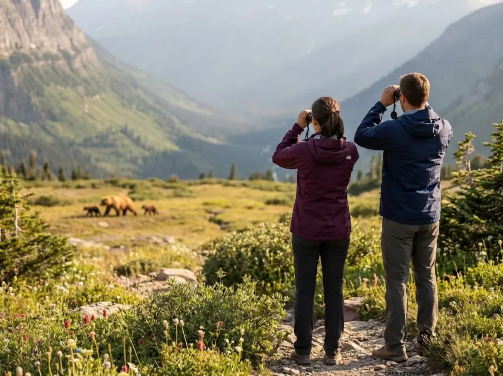 Couple using binoculars to safely observe grizzly bear with cubs at proper distance in national park 