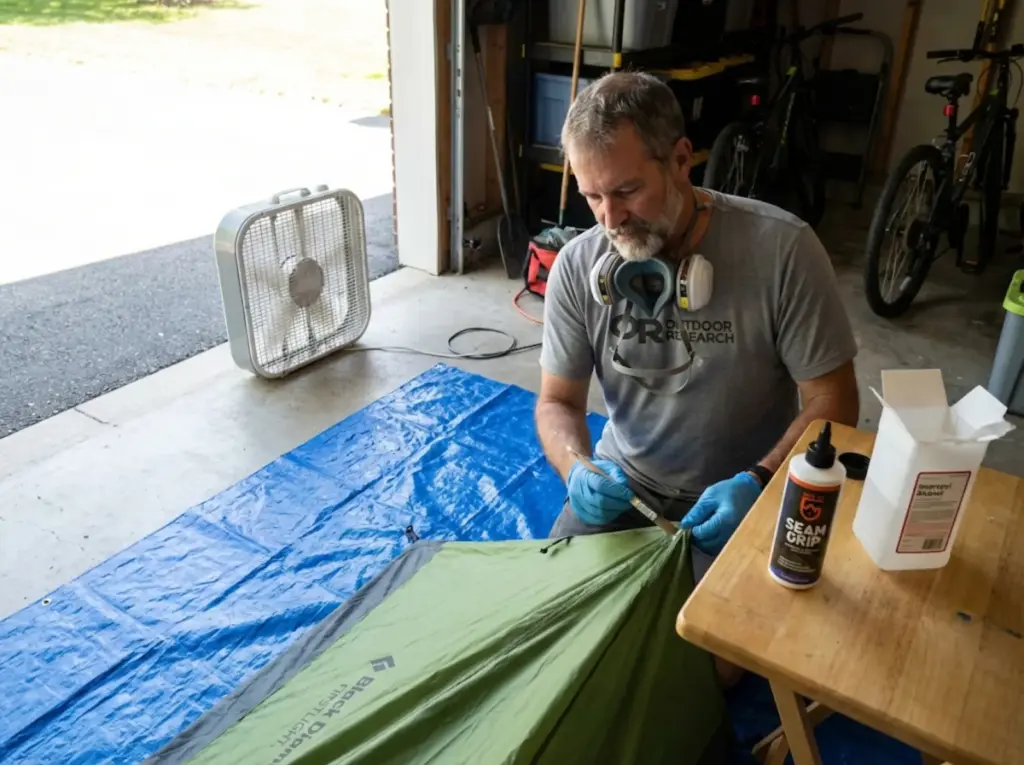 Proper ventilated workspace for tent seam sealing with safety equipment