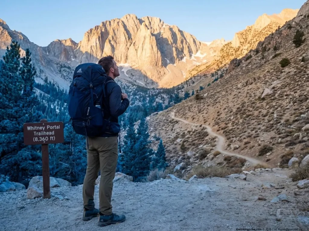 Hiker at Mt Whitney trailhead preparing for multi-day acclimatization ascent schedule