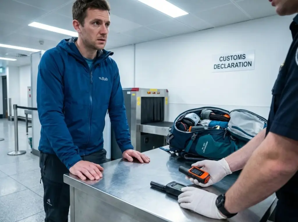 Customs officer inspecting hiker satellite communicator at airport security 