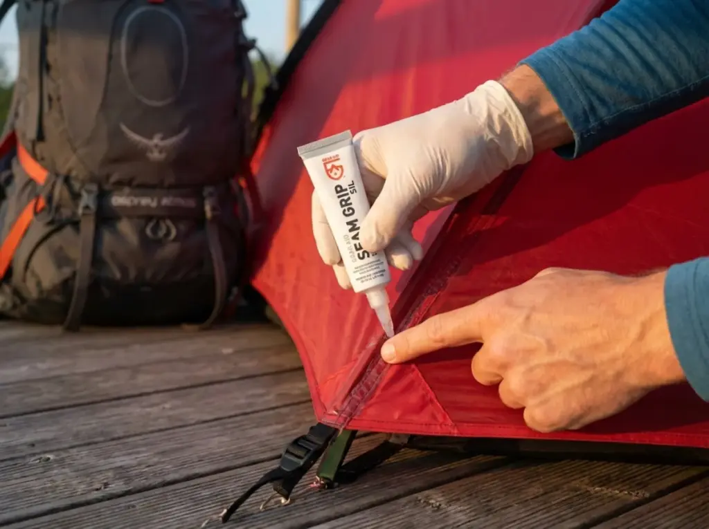 Close-up of seam sealer application technique showing finger working product into stitches