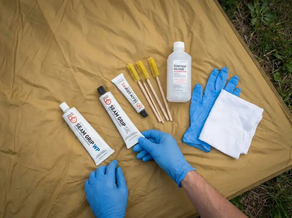 Selection of tent seam sealers and application tools laid out for waterproofing