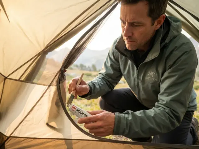 seam-sealing-tent-waterproofing-guide-hero Hiker applying seam sealer to tent interior seams with brush during backcountry maintenance