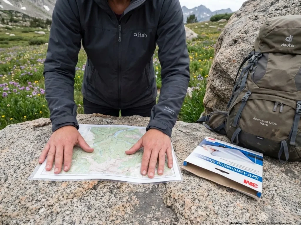 Hiker pressing self-laminating sheet onto paper map on alpine rock surface