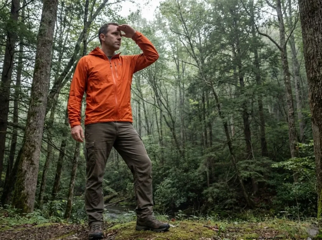 Experienced hiker scanning hillside terrain to select a safe elevated site for building an emergency debris shelter 