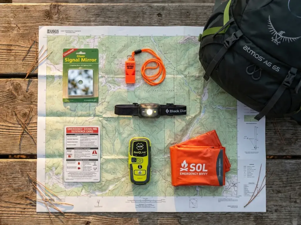 Flat lay of signaling gear on a topographic map including mirror whistle headlamp and PLB