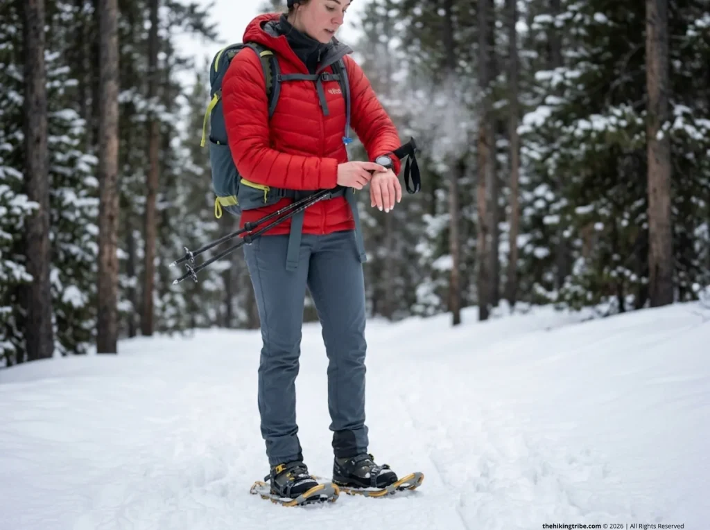 Female snowshoer checking calorie data on GPS watch on packed winter trail, Crescent Moon snowshoes