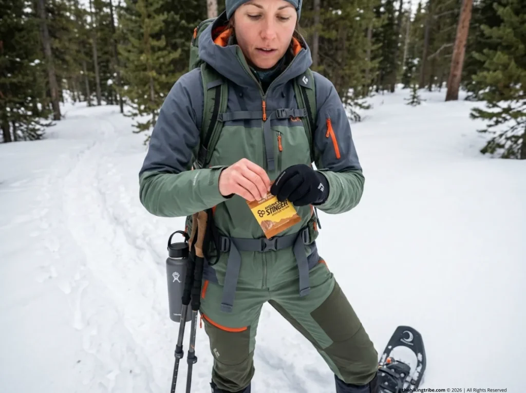 Female snowshoer fueling with energy chews during a trail break, insulated bottle on pack, winter backcountry 