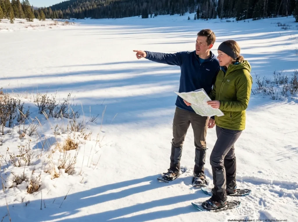 Two snowshoers reviewing a topo map at a winter trail junction, staying on durable snow to protect alpine meadow vegetation    
