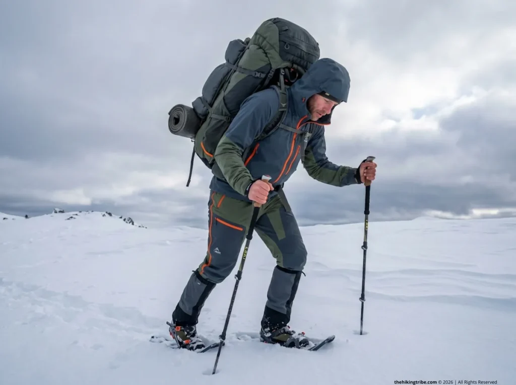 Backpacker breaking trail on MSR snowshoes carrying a heavy Osprey pack through deep powder on a winter ridge 