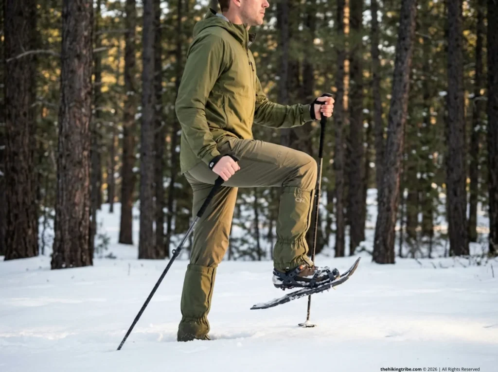 Male hiker demonstrating high-step gait on Tubbs snowshoes in deep powder, proper trail-breaking technique       
