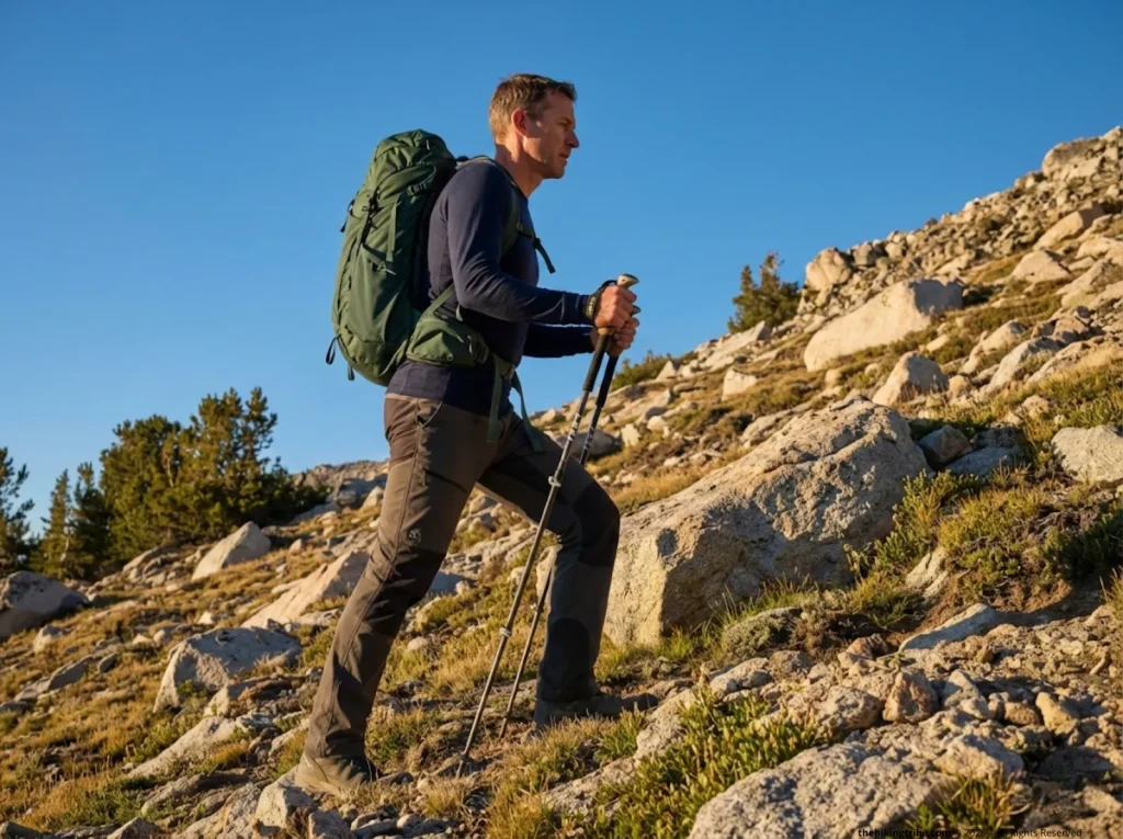 Experienced hiker in snug Icebreaker merino base layer ascending rocky Sierra slope with LEKI trekking poles