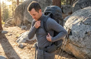I Hiked 200 Miles Testing Snug vs Loose Base Layers Hiker adjusting Smartwool base layer fit under loaded pack on Sierra trailhead at golden hour