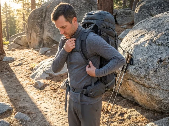 snug-vs-loose-base-layer-fit-guide-hero Hiker adjusting Smartwool base layer fit under loaded pack on Sierra trailhead at golden hour