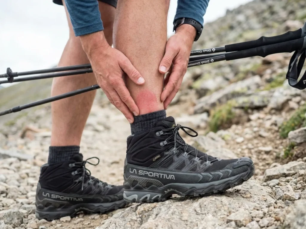 Hiker ankle friction zone visible between short sock and mid-cut hiking boot on rocky terrain