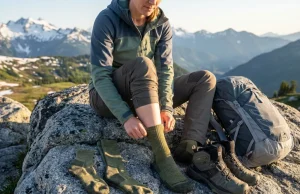 I Tested Every Sock Height on 5 Different Trails Hiker comparing crew ankle and knee-high sock heights on alpine trail with hiking boots