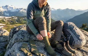 I Tested Every Sock Height on 5 Different Trails Hiker comparing crew ankle and knee-high sock heights on alpine trail with hiking boots