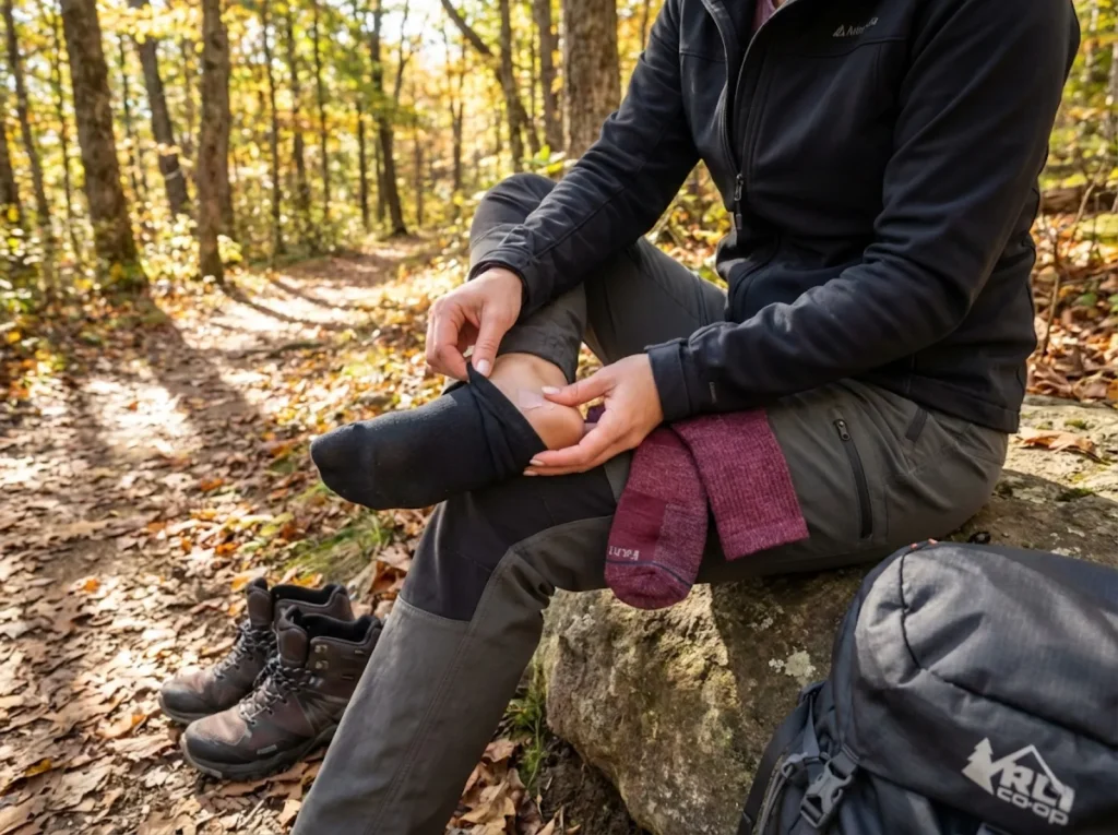 Hiker removing ankle sock revealing heel blister while crew-height replacement socks wait in lap
