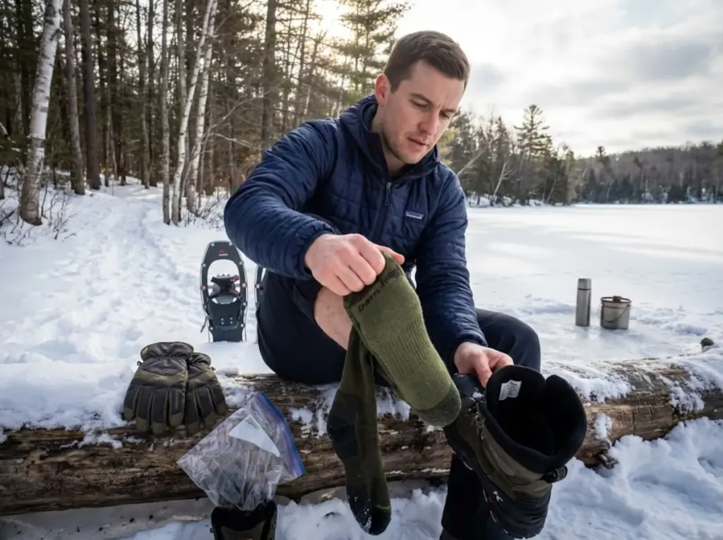 Winter hiker swapping damp socks for dry wool pair before ice fishing on frozen lake