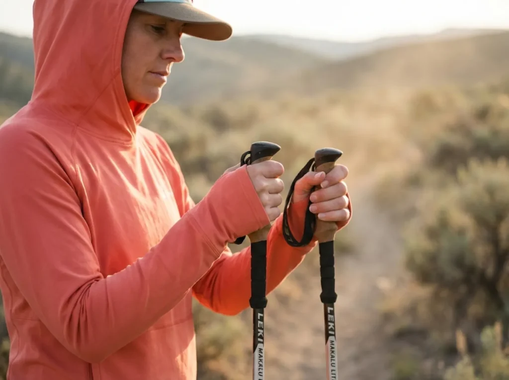 Close-up of sun hoodie thumbholes gripping trekking poles with hood layered over hat