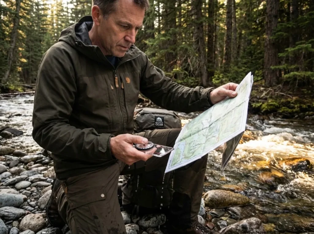 Hiker reading waterproof synthetic paper map beside rushing mountain stream