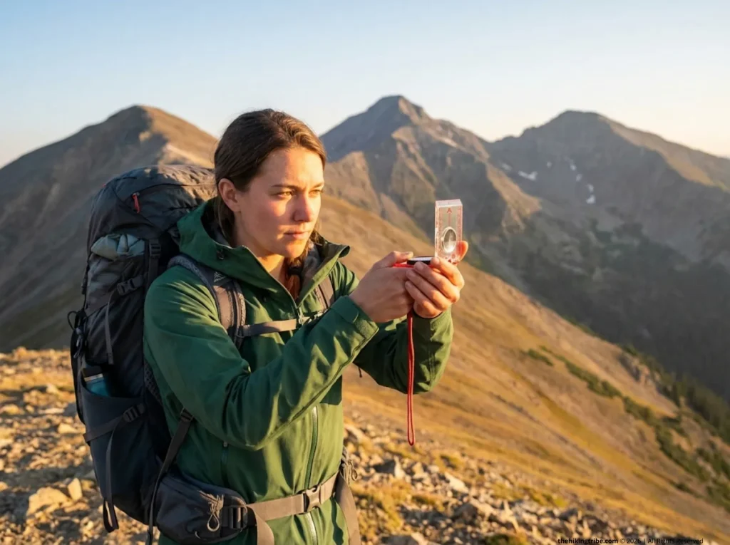 Female hiker taking compass bearing to distant mountain peak during backcountry triangulation