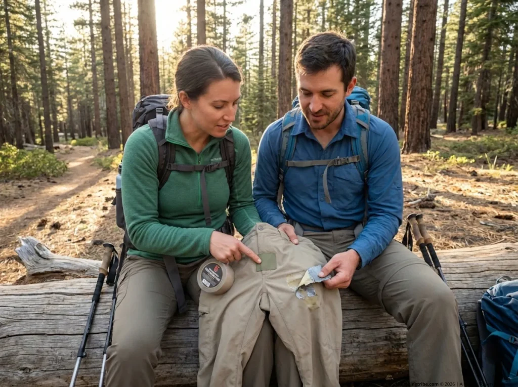 Two hikers comparing Tenacious Tape vs duct tape repair on Ex Officio hiking pants on forest trail