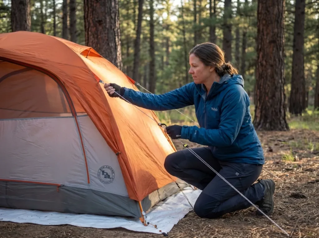 Hiker tensioning tent guylines in sheltered forest campsite for storm protection