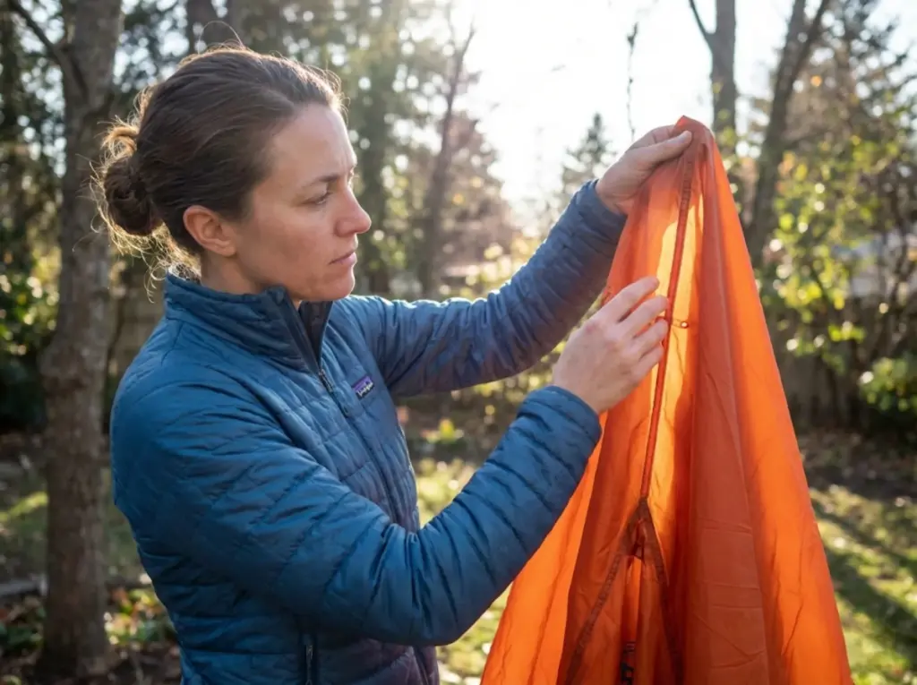 Hiker examining tent seams against sunlight to diagnose waterproofing issues