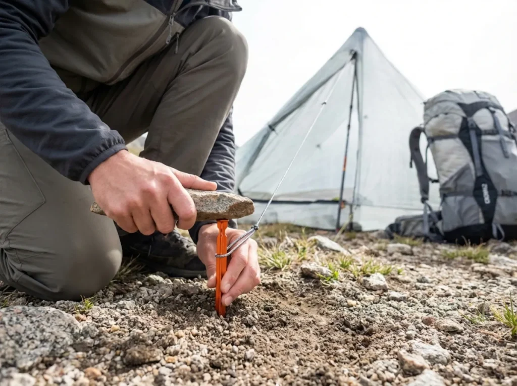 Hiker hammering Y-stake into alpine soil with rock for wind-resistant camp