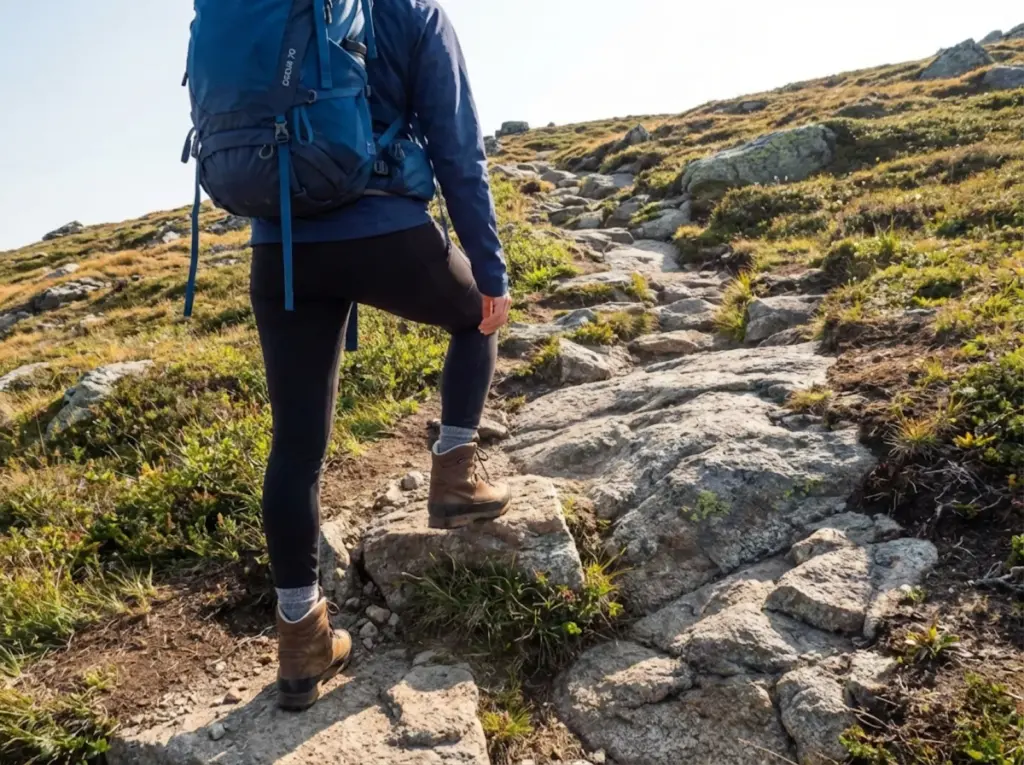 Backpacker with heavy pack ascending alpine terrain using stiff-soled Crispi hiking boots