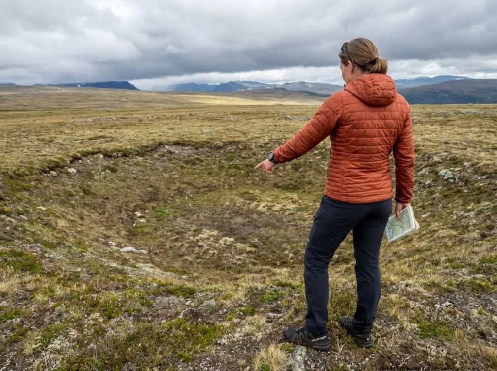 Female hiker reading topo map on exposed alpine plateau, identifying natural depression for lightning shelter