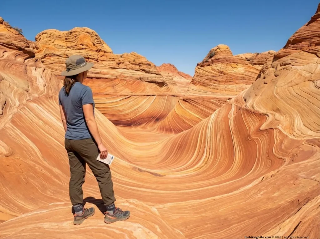 Solo female hiker holding Wave permit at Coyote Buttes North Navajo sandstone formations under desert sun