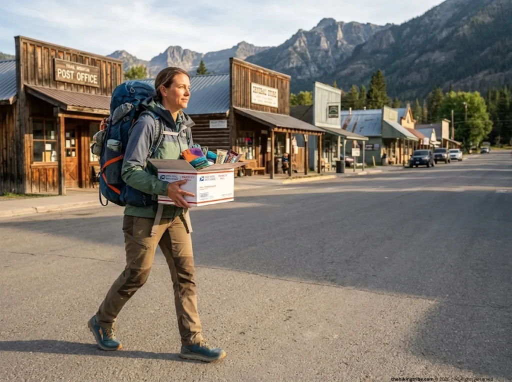 Thru-hiker picking up resupply box with fresh toe socks at a PCT trail town post office