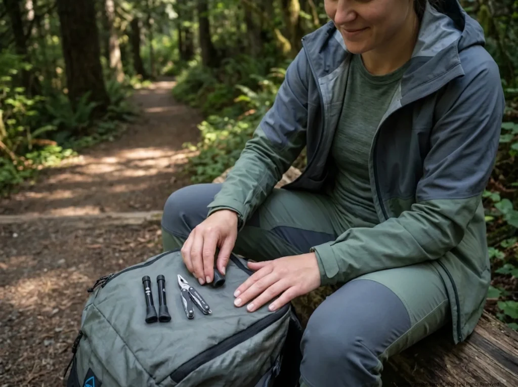 Female thru-hiker organizing spare trekking pole tips and mini pliers from compact repair kit on Zpacks backpack lid