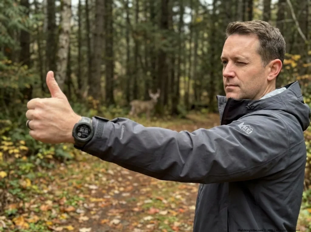 Hiker performing thumb rule wildlife distance test with deer visible through forest in background