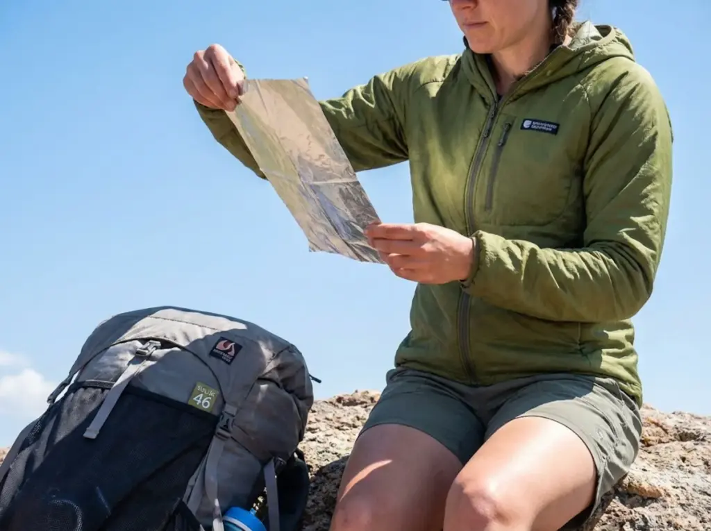Ultralight backpacker examining titanium foil windscreen material on trail