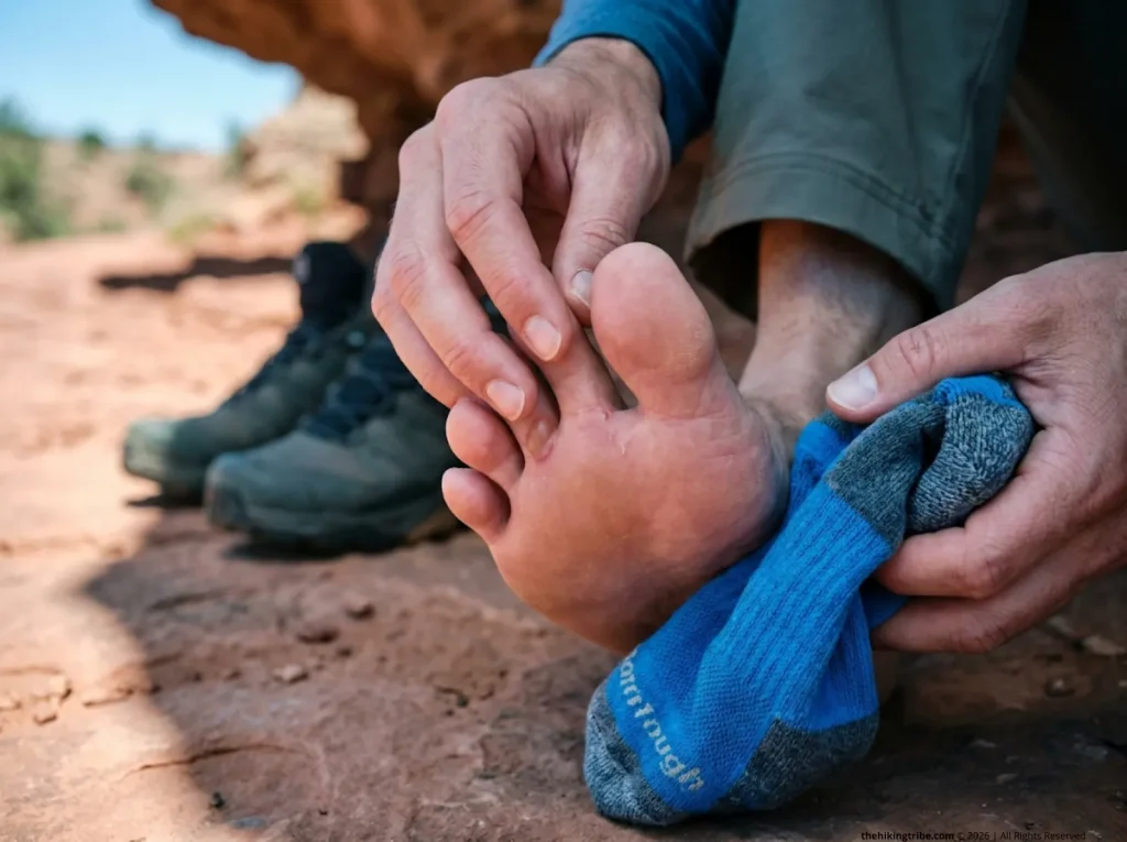 Close-up of hiking blister between toes caused by skin-on-skin friction in standard socks