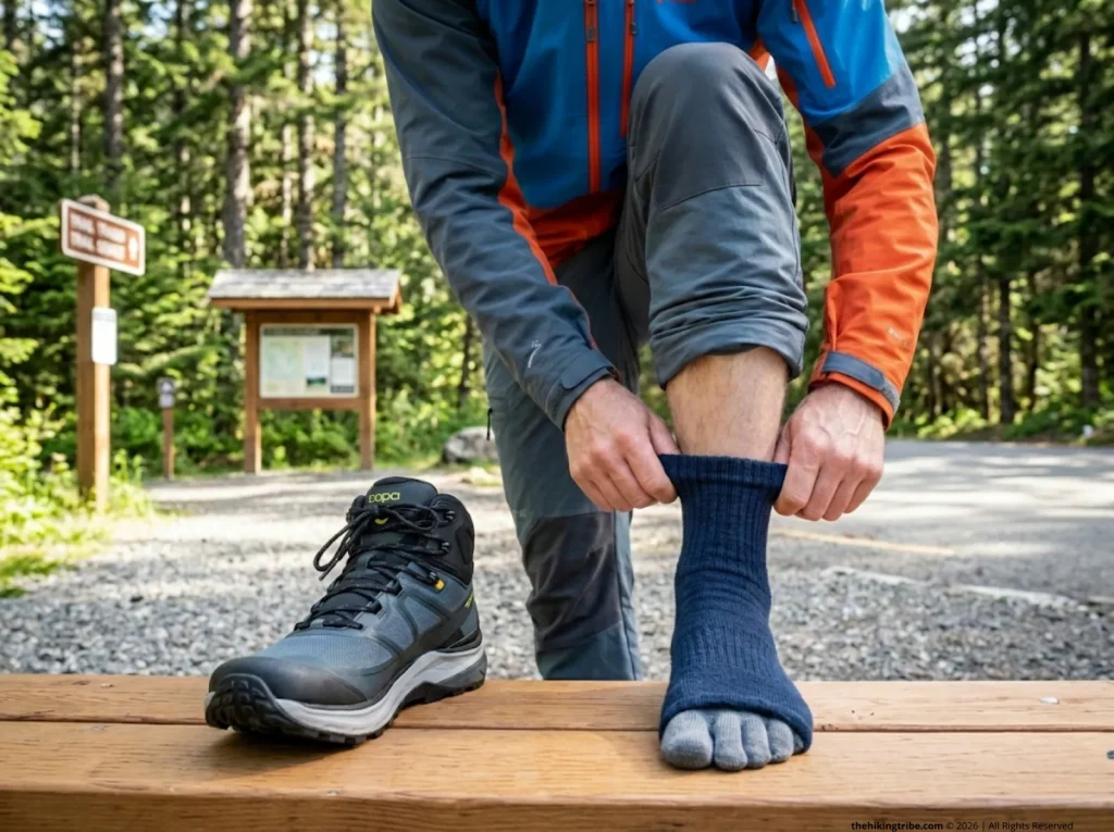 Hiker layering Injinji toe sock liner under Smartwool hiking sock before pulling on wide toe-box boot