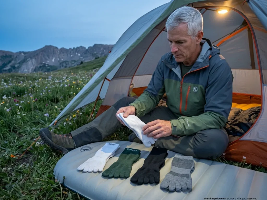 Hiker comparing four brands of hiking toe socks for durability testing at camp